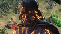 Darth Vader set aflame standing against a screenshot of Star Wars Galactic Battlegrounds.