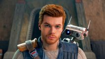 Star Wars Jedi Survivor series Steam sale: a man with red hair and a short beard, with a little white droid propped up over his left shoulder