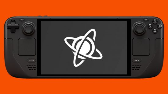 A Steam Deck with the Proton icon on the screen against an orange background