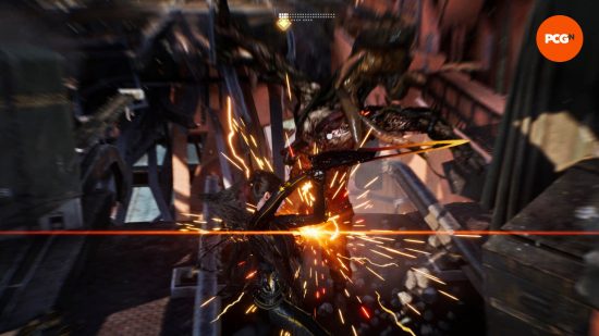 Stellar Blade impressions: Eve expertly lands a counter during combat, visualized as a burst of orange light.