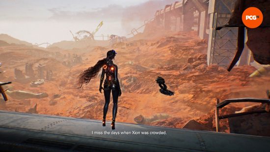 Stellar Blade impressions: Eve looks out at the vast apocalyptic wastes of the Great Desert.