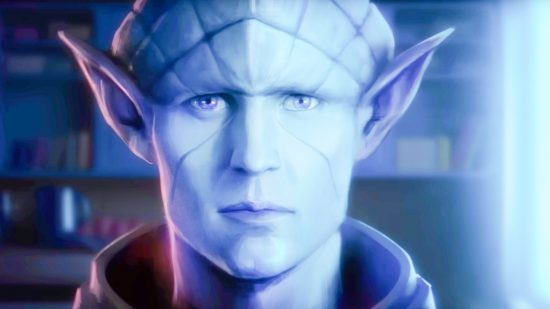Stellaris is heavily discounted on Steam right now: A blue alien man with pointed ears, from Stellaris.