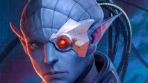 Stellaris The Machine Age out now: a big blue alien head with a red glass visor over their left eye