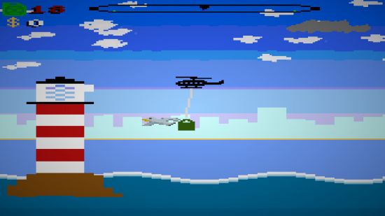 Still Wakes the Deep Teaser Oil Strike '75 – Ein Hubschrauber transportiert Fracht in einem Retro-Spiel im Atari-Stil.