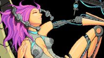 Bullet hell and tower defense combine in new free Steam game: A woman with purple hair, surrounded by science fiction gadgets, from Strong Fortress: Prologue.