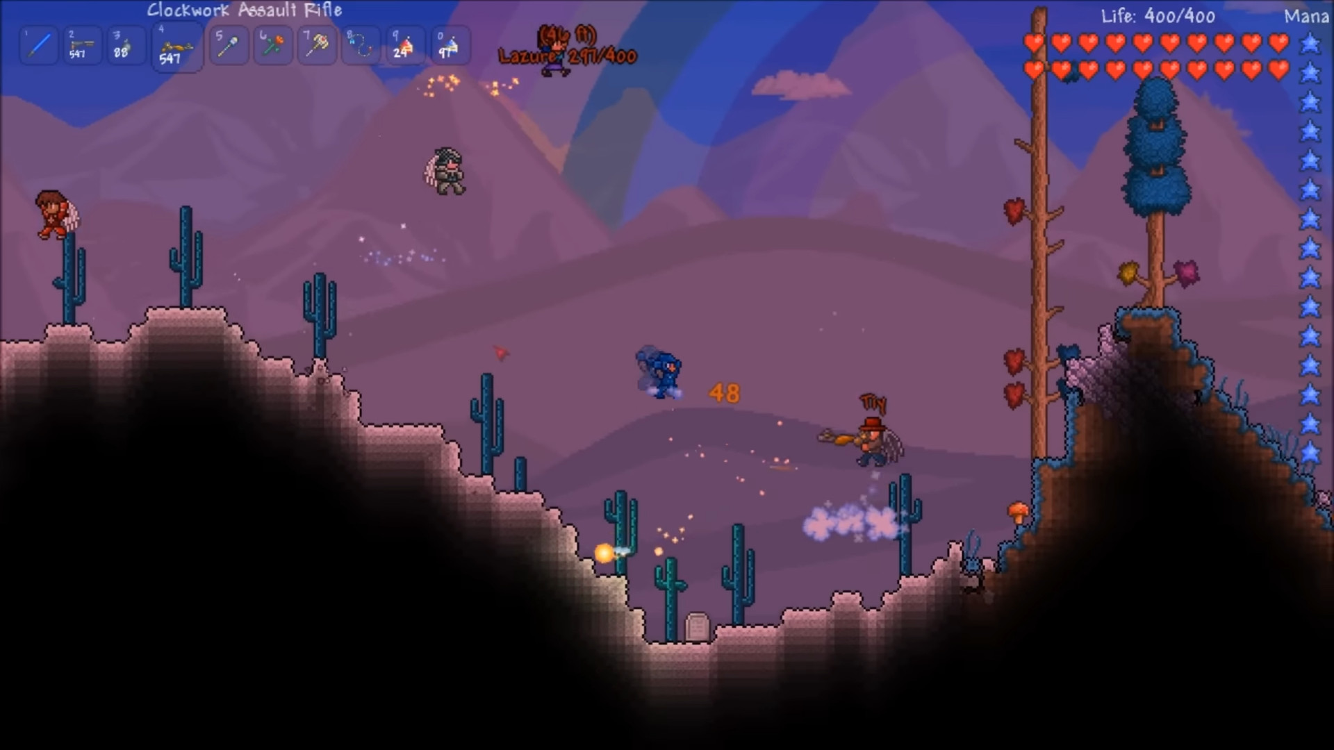 Terraria 1.1-Update – Vier Spieler hüpfen im Sandbox-Spiel in einem heiligen Wüstenbiom herum.