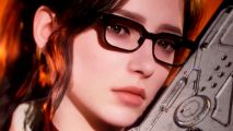 The First Descendant final beta lets you try its battle pass early - Gley, a pretty woman wearing dark glasses, rests her cheek against a rifle.