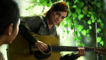 The Last of Us: Ellie plays guitar surrounded by dangling green leaves