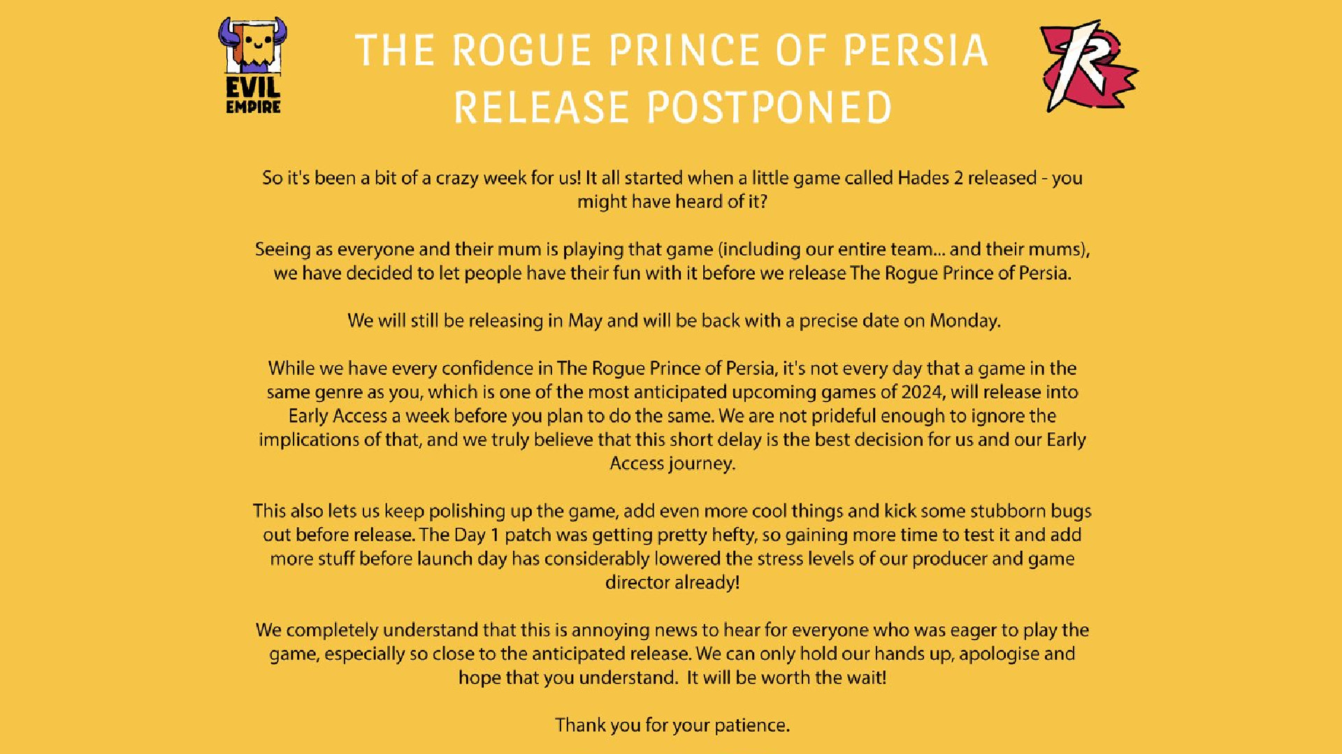 El retraso del Príncipe Pícaro de Persia: declaración completa de Evil Empire.