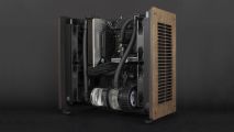 Two wooden ends on the mini-gaming PC which has water-cooling
