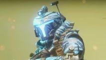Titanfall 2 is currently discounted to less than $5 on Steam: A science fiction soldier wearing a glowing helmet, from Titanfall 2.