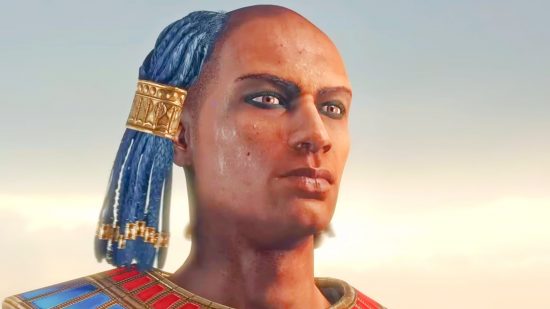 Total War: Pharaoh's maps are about to get a lot bigger: An image of a man with a shaved head and braid, Ramesses from Total War: Pharaoh.