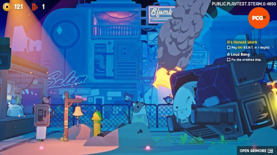 Uncle Chop's Rocket Shop preview: Wilbur stands by as a crashed spaceship is engulfed in flames.