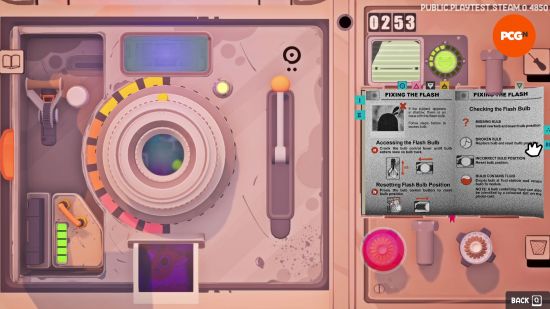 Uncle Chop's Rocket Shop preview: Once of the puzzle modules, which resembles a polaroid camera set into an industrial sci-fi framework.