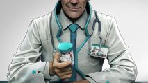 Clean up your messes in this medical zombie roguelike management sim: A doctor looks smirking at the camera, holding a bottle of miscellaneous pills.