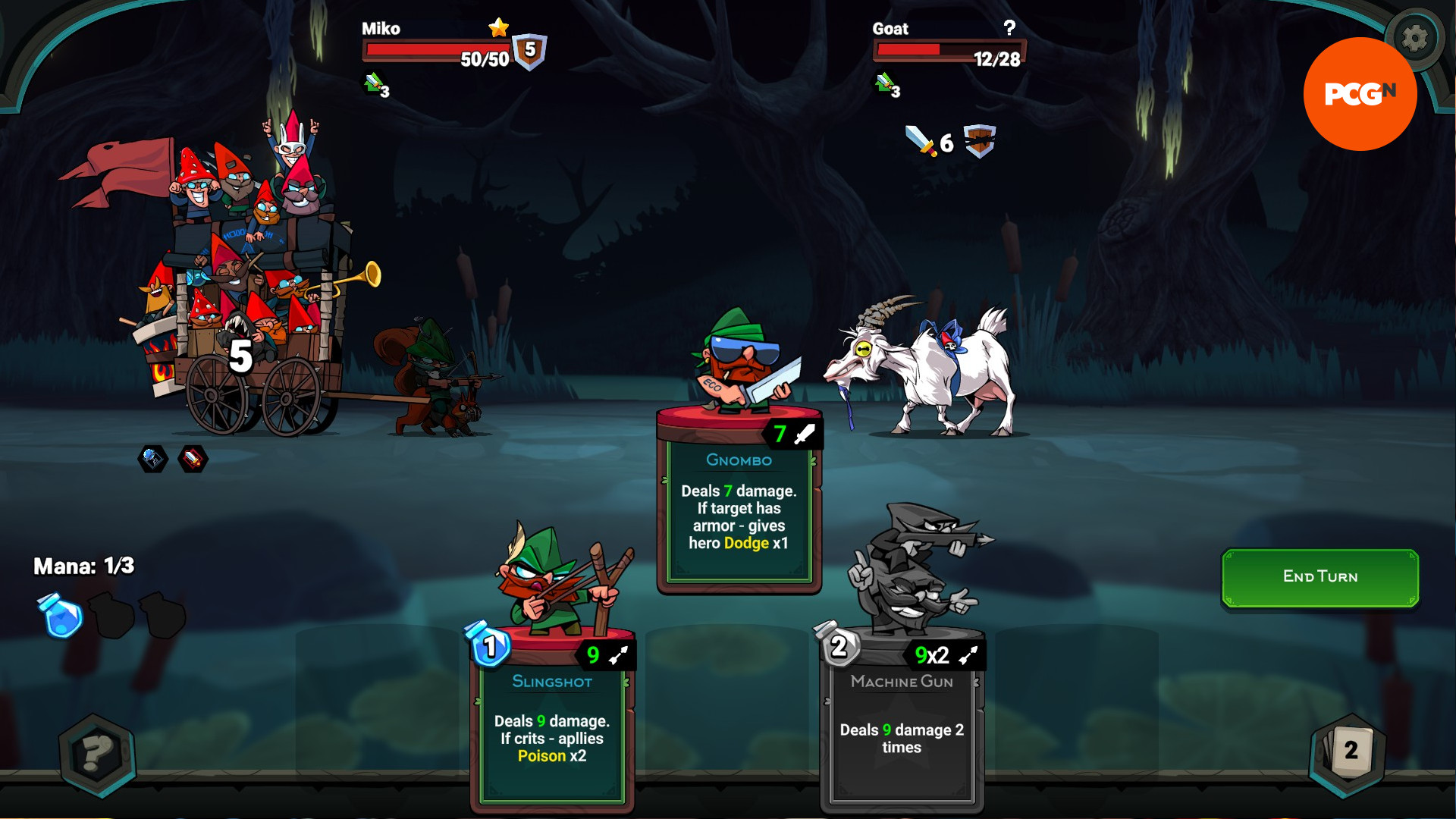 Union of Gnomes – Ein Screenshot eines Kampfes im Roguelike-Deckbuilder, in dem eine „Gnombo“-Karte für einen Angriff verwendet wird.
