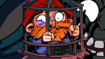 New Steam roguelike deckbuilder Union of Gnomes gets a free demo prologue - A gnome with a red cap and ginger beard sits trapped in a cage.