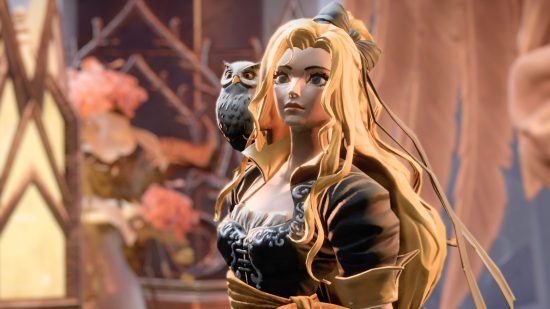 V Rising servers: a character with long blonde hair has an owl on her shoulder