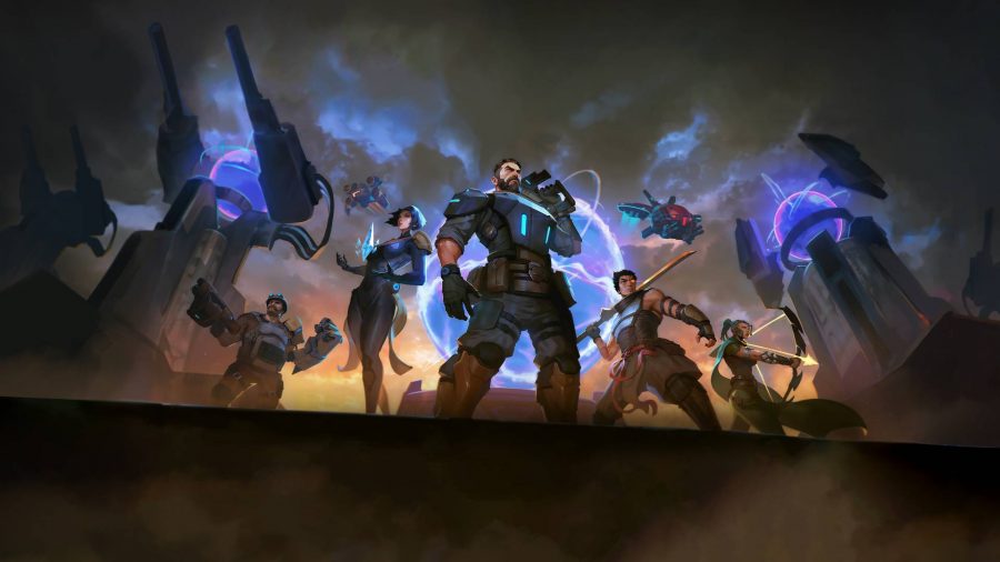 Wardens Rising: A group of heroes stand armed and ready on front of a huge glowing purple sphere