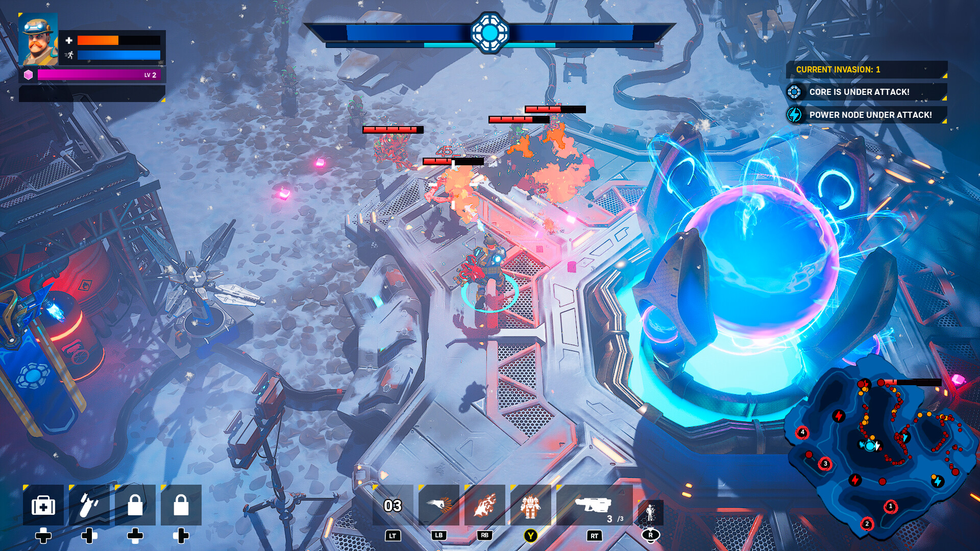 A video game character protects a huge glowing blue base as enemies swarm around it;  the area is covered with snow