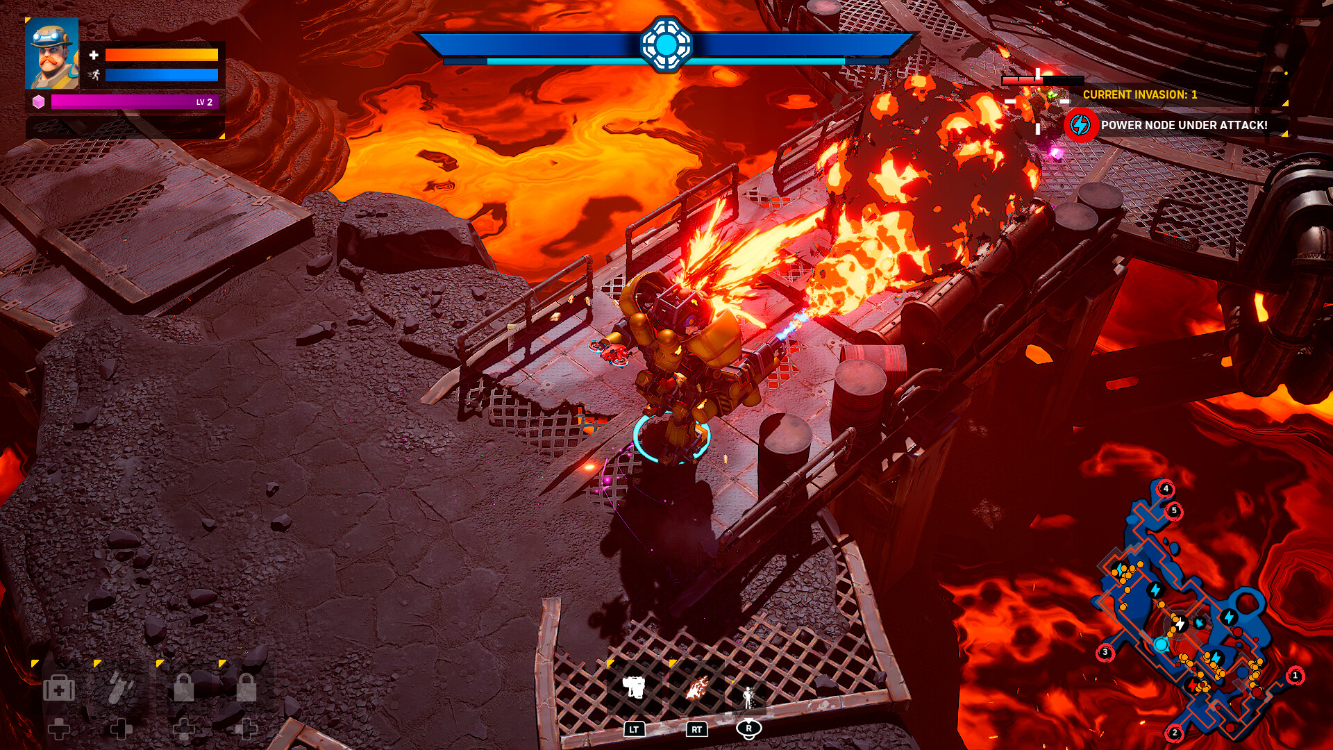A player in a mech crosses a metal bridge over lava and breathes fire from huge cannons in the front