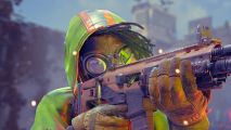 Xdefiant double XP: a person in a gas mask and high vis hoodie holding up an assault rifle