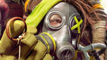 XDefiant SBMM casual: a person in a gas mask holding up a grenade pin on their finger, with a bright green hoodie on