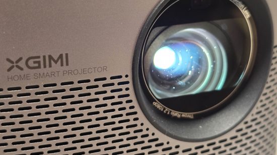 A closeup of the Xgimi Halo+ projector lens