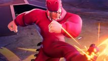 Unique new fighting game with chaotic physics is finally hitting Steam: A character from OutRage dressed as a pink dinosaur kicks out with a stunning attack.