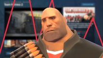 Team Fortress 2 Steam reviews: the Heavy from TF2 stood in front of a blurry Steam page, with a red line graph going down behind him