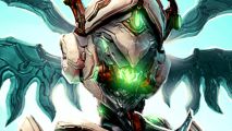 Warframe Jade Shadows update gets a date - The new Jade frame, a white suit with green lights and wings coming from the helmet.