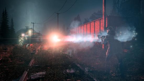 Alan Wake shoots some Taken by the light of a flare.