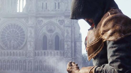 A male assassin broods next to the Notre Dame cathedral.