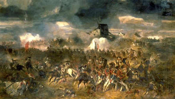 A colorful painting of the Battle of Waterloo