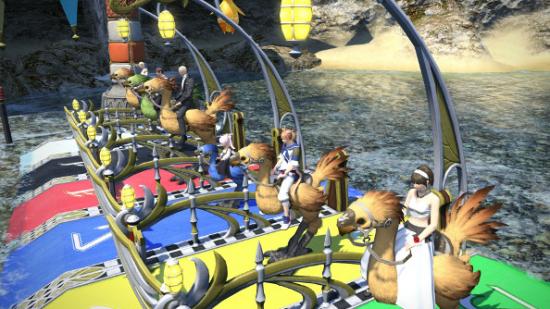 A line of Final Fantasy players at the chocobo racing starting line.