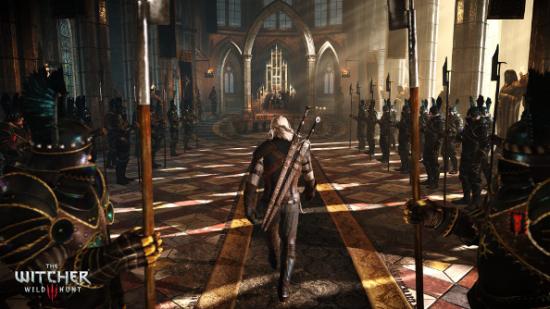 Geralt strides down a throne room flanked by armored knights
