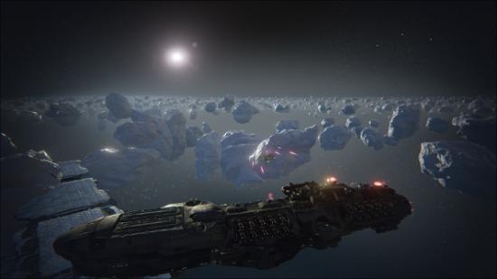 A massive starship stands guard over an asteroid field.