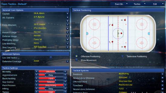 The game strategy page in Eastside Hockey Manager