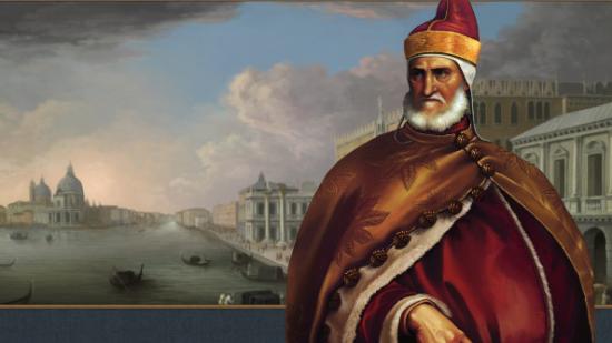 A prosperous looking renaissance trader stands against a the skyline of a rich city wearing red robes.