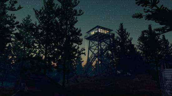 A park service watchtower against the night sky in the game Firewatch.