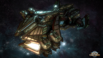 A large, menacing metallic spaceship against a starfield.