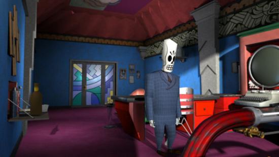 Manny Calavaera, a skeletal figure in an unfashionable suit, peruses an office belonging to someone more successful.