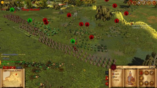 A mob of Gauls try to break a long Roman line.