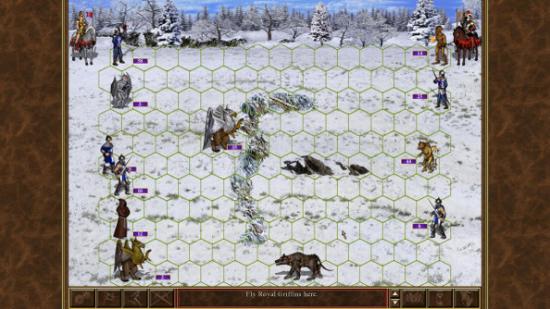 Two fantasy armies do battle on a snowy plain.