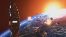 A distant space battle unfolds under the eyes of the Homeworld Mothership in Homeworld 2 Remastered.