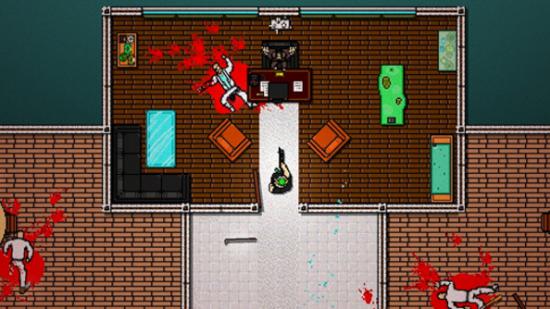 A pixelated office with a dead body lying on the floor with a spray of blood trailing out behind it. Video games.
