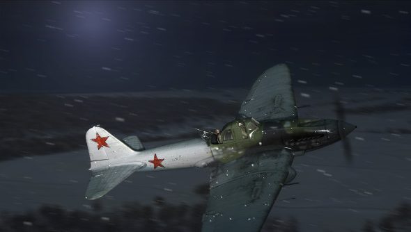 An olive-colored Soviet plane braves the night and the snow.
