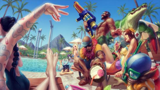 The characters of League of Legends gathered in Hawaiian shirts and beach clothes around a bright, summery pool.