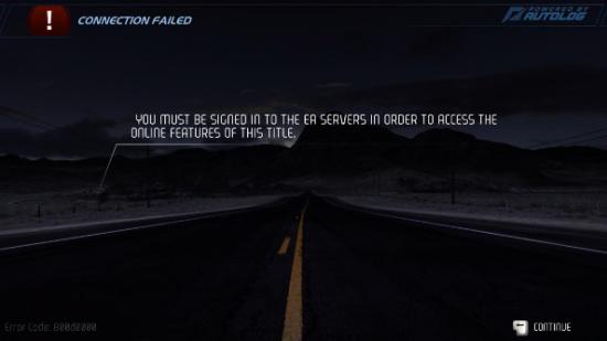 An error screen showing that Need for Speed cannot connect to its servers.