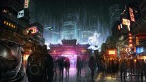 An artist's painting of a rainy, neon-lit night in a cyberpunk Hong Kong.